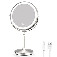 Rechargeable 8'' Lighted Makeup Mirror, 1X 10X Magnifying Vanity Mirror with 3 Color LED Lights, Touch Sensor Adjust Brightness Double-Sided Cosmetic Mirror, Brushed Nickel