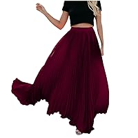 Womens Pleated Maxi Skirt Floor Length Flowy Beach Skirt Solid Color Swing Long Skirts, Teen Girls Loose A-Line Skirt