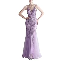 Prom Dress Sequin Tulle Backless Mermaid Evening Party Dress