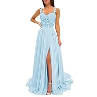 Women's Floral Applique Bridesmaid Dress Spaghetti Strap Chiffon Lace Long Formal Evening Party Gown with Slit