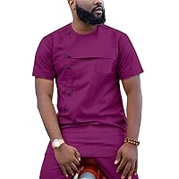 Men`s 2 Piece Fashion Suit African Men Clothing Set Short Sleeve Dashiki Shirt Coat+Ankara Pants