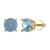 3.0 ct Round Cut Solitaire Natural Genuine Swiss Blue Topaz Ideal Pair of Designer Stud Earrings 18k Yellow Gold Screw Back