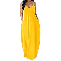OFEEFAN Women's Maxi Dresses Summer Spaghetti Strap Dress with Pockets