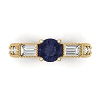Clara Pucci 2.48 ct Round Baguette Cut 3 stone Solitaire Simulated Blue Sapphire Accent Anniversary Promise Bridal ring 18K Yellow Gold