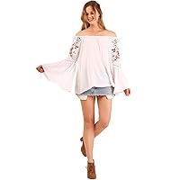 Umgee Women's Off Shoulder Top with Embroidered Details on Bell Sleeve