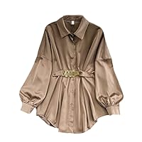 Turn Down Collar Solid Color Blouse Single-Breasted Chain Design Sense Shirt khaki9 One Size
