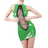 12 Colors O-Neck Lace Up Tank Dress Ladies Wetlook PVC Mini Dress (Green,6XL)