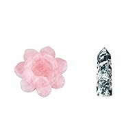Bundle - 2 Items: Rose Quartz Carved Gemstone Lotus Flower Crystal Ball Stand & Natural Moss Agate Crystal Wand for Home Decor Crystal Healing