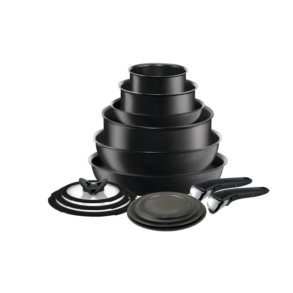 T-fal Ingenio Nonstick Cookware Set 14 Piece Induction Stackable, Detachable Handle, Removable Handle, RV Cookware, Cookware, Pots and Pans, Oven, Broil, Dishwasher Safe, Onyx Black