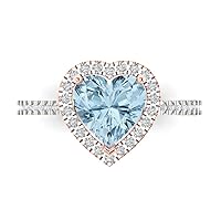 2.33ct Heart Cut Solitaire with Accent Halo Aquamarine Blue Simulated Diamond designer Modern Statement Ring 14k 2 Tone Gold