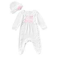 Newborn Girls Long Sleeve Footed Baby Romper Footie Jumpsuit with Rose Hat Set Spring Outift