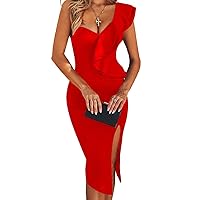 UONBOX Women's One Shoulder Sleeveless Knee Length Side Split Fashion Bandage Dress