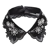 Detachable Faux Pearls Rhinestones Embroidered Flowers Stand False Collar Blouse Collar Necklace Choker Cloth Accessory (Black)