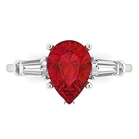 Clara Pucci 2.6 ct Pear Baguette cut 3 stone Solitaire W/Accent Simulated Ruby Anniversary Promise Engagement ring 18K White Gold