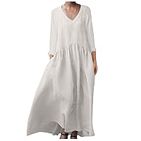Womens V Neck Linen Casual Loose Tunic Ruched Summer Dresses Vacation Dress Long Sleeve Pocket Beach Swing Dresses