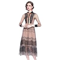 Autumn Runway Dress Elegant Women Polka Dot Mesh Embroidery Lapel Collar Ribbon Bowknot Lace Trims Midi Dresses
