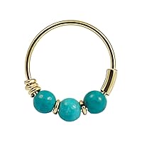 9KT Solid Yellow Gold Triple Turquoise Beads 22 Gauge (0.6MM) - 5/16 (8MM) Length Hoop Nose Ring