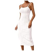 XJYIOEWT Blue Dress,2024 Women's Sexy Midi Bodycon Dress Summer Strap Sleeveless Knit Party Tight Fitted Sleeveless Kne