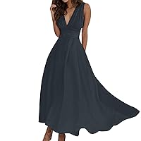 Women's Summer Dresses for Women 2023 Vintage Solid Color Zipper Hem Loose Long Sexy Deep V Neck Denim(Black,Medium)