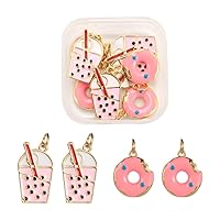 LiQunSweet 8 Pcs 2 Style Pink Enamel Afternoon Teatime Charm Bubble Milk Tea Cup Doughnut Desserts Donut Charm for Earring Bracelet Necklace Jewelry Making