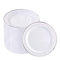 bUCLA 100Pieces Silver Plastic Plates -6.25inch Disposable Salad/Dessert Plates- White with Silver Rim Premium Hard Plastic Appetizer Plates/Small Cake Plates for Weddings& Parties