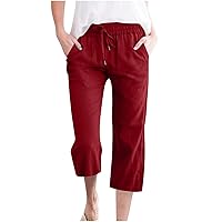 Capri Pants for Women Summer Drawstring Linen Pant Elastic Waist Straight Wide Leg Cropped Pants Loose Casual Trousers