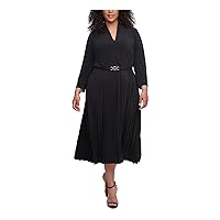 Tommy Hilfiger Women's Plus Size V-Neck Quarter Sleeve Belted Midi Dress, Black