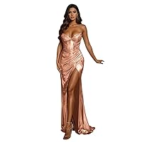 Mermaid Prom Dresses Sparkly 2024 Satin Metallic Long Evening Party Gown with Slit Sweetheart Formal Dress for Women DR0466
