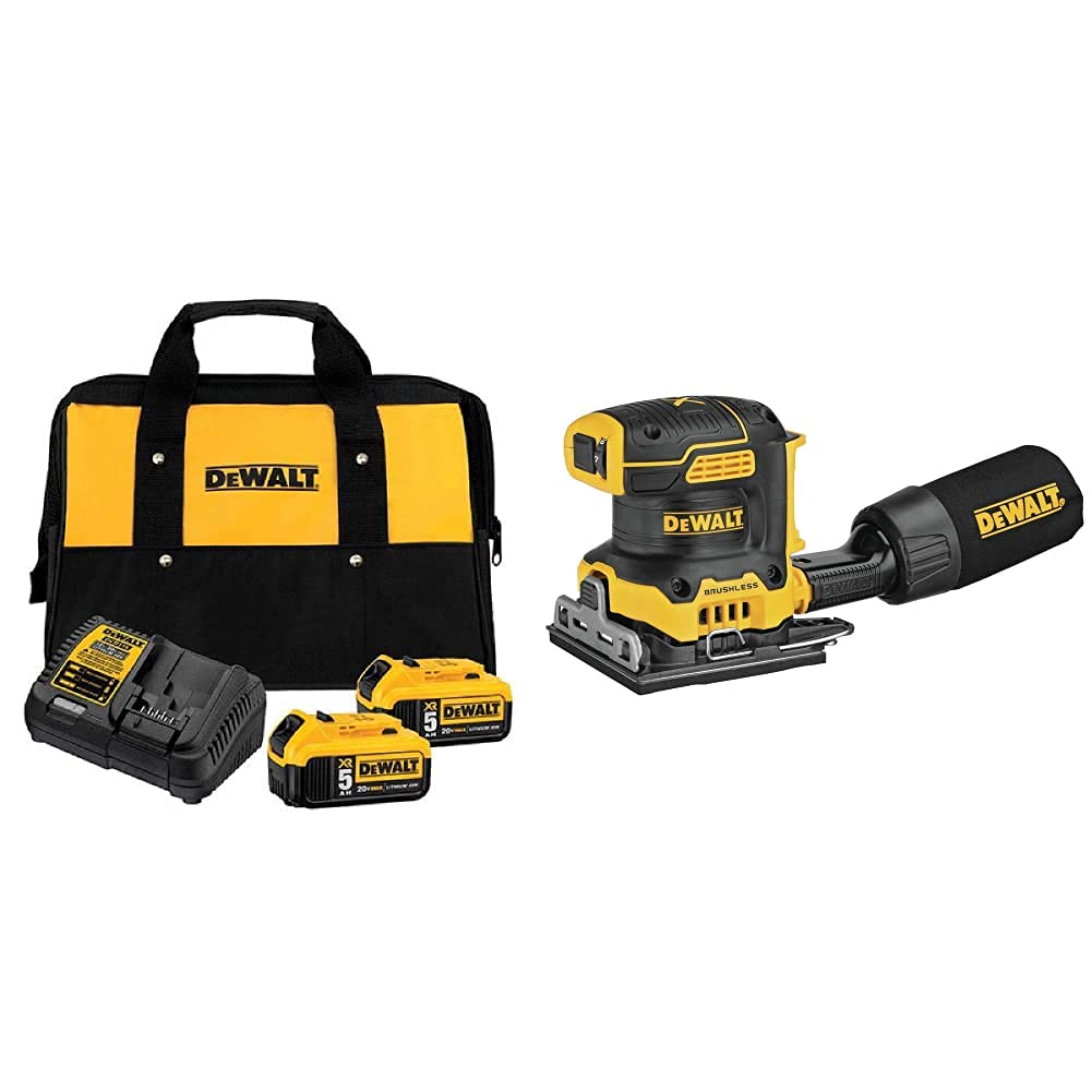 DEWALT 20V MAX Battery Starter Kit with 2 Batteries, 5.0Ah (DCB205-2CK) 20V MAX* XR Palm Sander, Sheet, Variable Speed, 1/4-Inch, Tool Only (DCW200B)