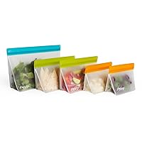 rezip 5-Piece Stand-Up Reusable Bag Bundle | BPA-Free, Food Grade, Leakproof, Freezer and Dishwasher Safe | Quart (1), 2-Cup (2), Snack (2) | Multicolor