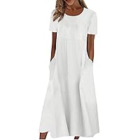 Women's Short Sleeve/Sleeveless Dress Midi Casual Round/V-Neck Fashion Solid Color Dresses Cocktail Party Dress with Pocket