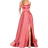 Women's Formal Evening Dress Spaghetti Satin Long Back Lace UP Prom Dresses with Pockets