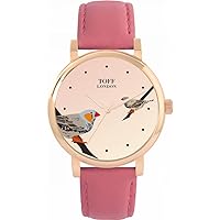 Grey Two Finches Watch Ladies 38mm Case 3atm Water Resistant Custom Designed Quartz Movement Luxury Fashionable, Beige, Rose Gold/Pink leather strap