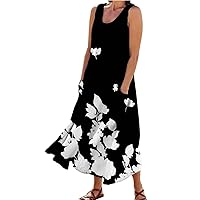 Women's Causal Summer Dress Sleeveless Crew Neck Tank Dresses 2024 Beach Floral Lightweight Dress with Pockets