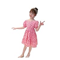 Girls Summer Dress Kids Square Neck Heart Print Bubble Sleeve Ruffle Shortsleeve A-Line Midi Dresses 4-14Y