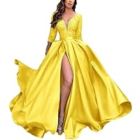 V Neck Prom Dresses Long for Women Satin Long Gown with Pocket 3/4 Sleeves Lace Formal Evening Party Gowns with Slit