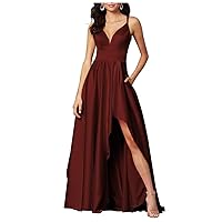 Satin High Low Bridesmaid Dress for Women Spaghetti Strap V Neck Formal Gown A Line Prom Dress BS09