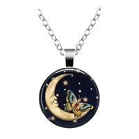 Vintage Butterfly Moon Glass Cabochon Pendant Necklace