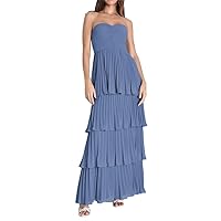 Strapless Tiered Chiffon Sleeveless Prom Dresses 2024 with Lace-Up A Line Evening Gown Long Ankle Length Sweetheart Neckline Slate Blue Cocktail Dress US20Plus