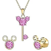Created Round Cut Pink Sapphire Gemstone 925 Sterling Silver 14K Rose Gold Over Diamond Mickey Mouse Key Stud Earring Pendant Necklace Jewelry Set for Women's & Girl's