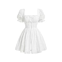 Summer Dresses for Women 2023 Plain Eyelet Embroidery Puff Sleeve Ruched Bust Dress (Color : White, Size : X-Small)
