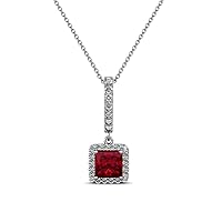 Princess Cut Ruby & Diamond Halo Pendant Necklace 0.61 ctw 14K White Gold with 18