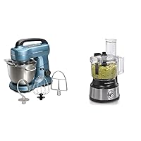 Hamilton Beach Electric Stand Mixer, 4 Quarts, Blue & Food Processor & Vegetable Chopper for Slicing, Shredding, Mincing, and Puree, 10 Cups - Bowl Scraper, Stainless Steel