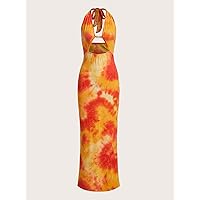 Women's Dress Tie Dye Cut Out Front Halter Neck Backless Dress Women's dressEVEBABY (Color : Orange, Size : Large)