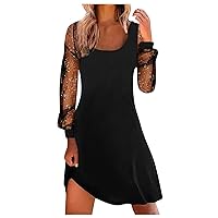 Sexy Splicing Mesh Long Sleeve Cocktail Party Shift Dress for Women Square Neck Mini Spring Dress for 2023