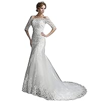 Women's Off The Shoulder Mermaid Wedding Dress 1/2 Sleeves Lace Bridal Gown with Train