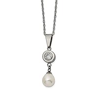 Titanium Polished With CZ Cubic Zirconia Simulated Diamond and Freshwater Cultured Pearl Necklace 22 Inch Measures 8.8mm Wide Jewelry Gifts for Women