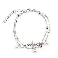 S925 Sterling Silver Electrocardiogram Pearl Anklet Double Layer Thick Chain Female Girl/Silver