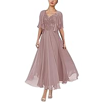 2 Piece Tea Length Mother of The Bride Dresses with Jacket Short Sleeves Lace Formal Evening Gown with Pockets
