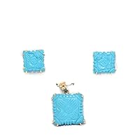 Rajasthan Gems Pendant Earrings Set Powdered Engraved Turquoise 18kt Yellow Gold 18k Stone D344